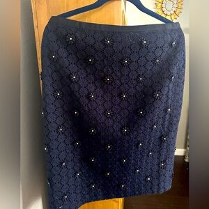 Talbots Eyelet Floral Beaded Navy Pencil Skirt NWOT